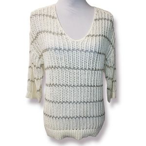 CHICO'S Women’s Open Knit Off-White Silver Sweater Size 1 Shirt Top 3/4 …